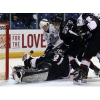 Vancouver Giants and Victoria Royals Scramble in Front of the Vancouver Net