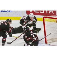 Dawson Holt of the Vancouver Giants scores against the Red Deer Rebels