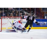 Dawson Holt of the Vancouver Giants scores against the Spokane Chiefs