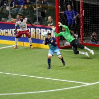 San Diego Sockers Goalkeeper Chris Toth dives for an oncoming shot