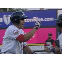 Ramon Flores of the Somerset Patriots reacts after his home run