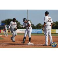 Frederick Cuevas of the Charleston RiverDogs celebrates his run-scoring hit