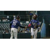 Frisco RoughRiders center fielder Eliezer Alvarez (10) receives congratulations while rounding the bases