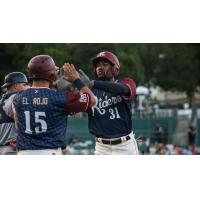 Destin Hood of the Frisco RoughRiders receives high fives