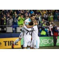Seattle Sounders FC celebrates a Victor Rogriguez goal, one of his two on the night