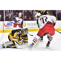Ryan MacInnis of the Cleveland Monsters takes a shot against the Wilkes-Barre/Scranton Penguins