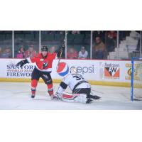 Mike Szmatula of the Adirondack celebrates a goal against the Manchester Monarchs