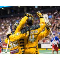 Lyle Thompson of the Georgia Swarm receives congratulations after scoring against the Toronto Rock