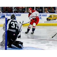 Chase Lang of the Allen Americans faces the Utah Grizzlies goaltender