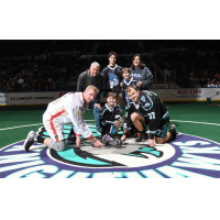 Jacob Quinn (center) at the Rochester Knighthawks ceremonial faceoff