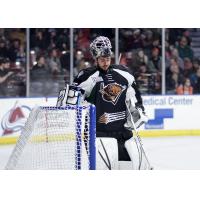 Utah Grizzlies goaltender Joe Cannata takes a break in the action