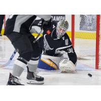 San Antonio Rampage goaltender Jordan Binnington makes one of his 37 saves