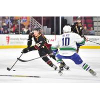 Cleveland Monsters LW Sonny Milano handles the puck against the Utica Comets