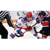 Kitchener Rangers center Riley Damiani faces off against the Saginaw Spirit