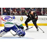 Cleveland Monsters LW Sonny Milano looks for a shot against the Utica Comets