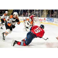 Lehigh Valley Phantoms center Connor Bunnaman (left) eyes the Springfield Thunderbirds