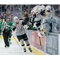 San Antonio Rampage defenseman Jordan Schmaltz exchanges high fives with the bench