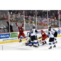 Allen Americans forward Zach Pochiro celebrates his fourth goal against the Wichita Thunder