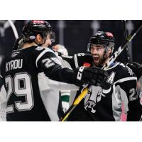 Trevor Smith (right) celebrates Jordan Kyrou's second period goal in a San Antonio Rampage win