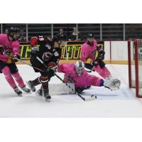 Macon Mayhem goaltender Ian Sylves tries to stop a Birmingham Bulls shot