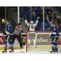 Vancouver Giants forward David Koch celebrates a goal vs. the Victoria Royals