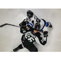 Utah Grizzlies forward Travis Barron tangles with the Wichita Thunder