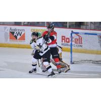 Adirondack Thunder forward James Henry sets up in front of the Wheeling Nailers goal