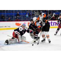 Lehigh Valley Phantoms right wing Colin McDonald battles in front of the Hartford Wolf Pack goal