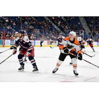 Lehigh Valley Phantoms center Mikhail Vorobyev (right) vs. the Hartford Wolf Pack