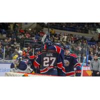 Saginaw Spirit celebrate a goal against the Erie Otters