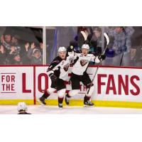 Vancouver Giants right wing Davis Koch celebrates his game-winner against the Moose Jaw Warriors