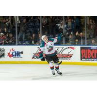 Kelowna Rockets left wing Nolan Foote celebrates a goal