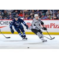 Austin Poganski of the San Antonio Rampage and Manitoba Moose defenseman Tucker Poolman