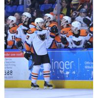 Lehigh Valley Phantoms forward Mike Huntebrinker receives congratulations from the bench after his goal