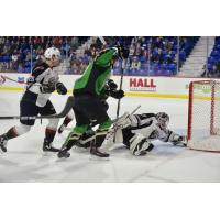 Vancouver Giants goaltender Trent Miner sprawls for a save against the Prince Albert Raiders