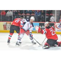 Binghamton Devils goaltender Mackenzie Blackwood makes a stop against the Hartford Wolf Pack