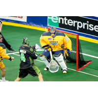 Georgia Swarm goaltender Mike Poulin stands strong against the Saskatchewan Rush