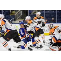 Lehigh Valley Phantoms defenseman Philip Samuelsson hits the Bridgeport Sound Tigers