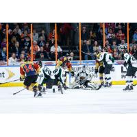 Utah Grizzlies goaltender Kevin Carr attempts to hold off the Kansas City Mavericks