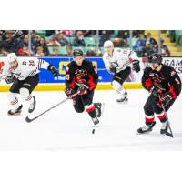 Prince George Cougars right wing Josh Curtis (10) and left wing Tyson Upper (9) against the Red Deer Rebels