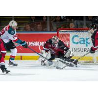 Vancouver Giants goaltender Trent Miner stops a shot from the Kelowna Rockets