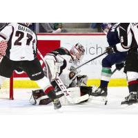 Vancouver Giants goaltender Trent Miner makes a stop against the Seattle Thunderbirds