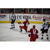 Braylon Shmyr of the Allen Americans celebrates a goal against the Utah Grizzlies