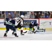 Vancouver Giants right wing Jared Dmitriw takes aim at the Seattle Thunderbirds