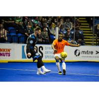 Mississauga MetroStars' Jarred Phillips challenges Utica City FC's Bo Jelovac for the ball