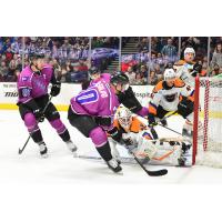 Lehigh Valley Phantoms goaltender Alex Lyon stops the Cleveland Monsters