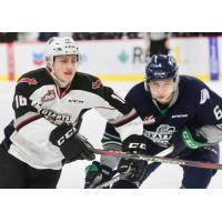 Vancouver Giants forward Davis Koch (left) vs. the Seattle Thunderbirds