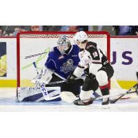 Vancouver Giants centre Dawson Holt pressures the Victoria Royals