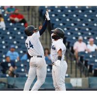 Isiah Gilliam and Dermis Garcia of the Tampa Tarpons exchange high fives