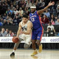 Halifax Hurricanes guard Malcolm Duvivier with the ball vs. the Cape Breton Highlanders